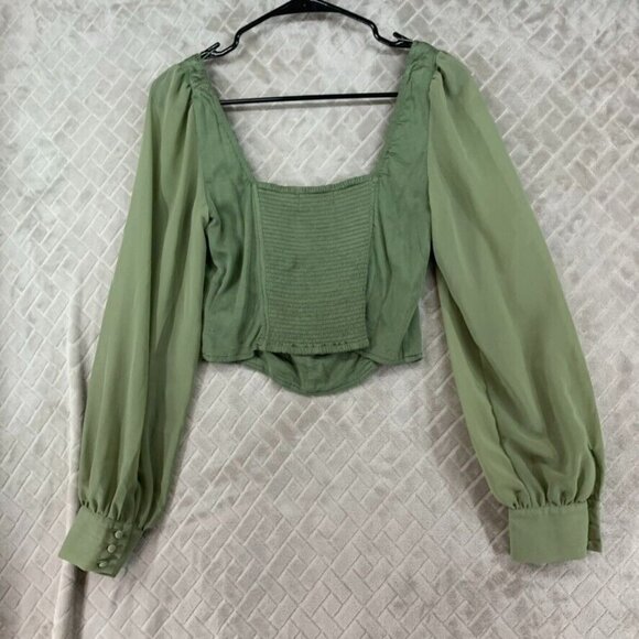 Urban Outfitters Womans Medium Crop Top Green Long Sheer Sleeve Smocked Back - Picture 13 of 16